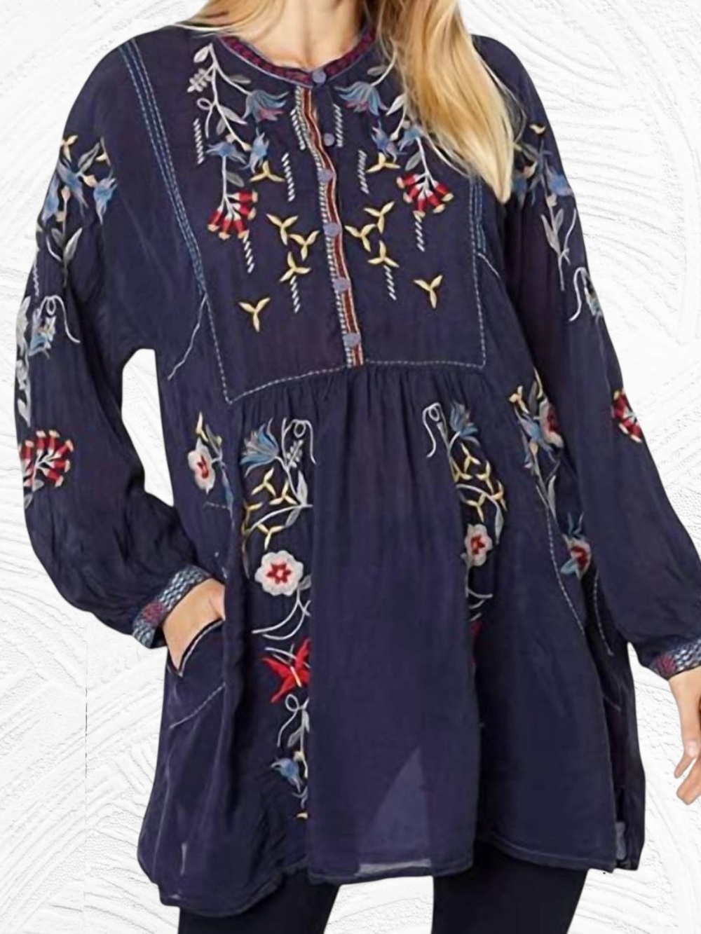 Johnny Was Dixie Tunic Dress Georgette Blue Medium Floral Embroidered